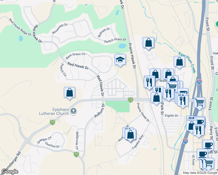 map of restaurants, bars, coffee shops, grocery stores, and more near 1469 Thunder Butte Road in Castle Rock