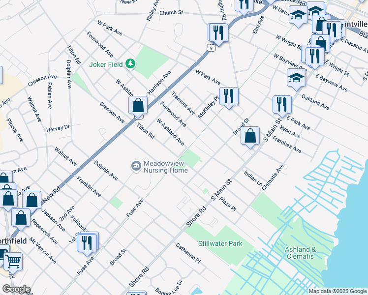 map of restaurants, bars, coffee shops, grocery stores, and more near 110 Tilton Road in Pleasantville