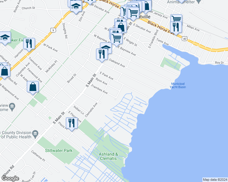 map of restaurants, bars, coffee shops, grocery stores, and more near 127 Frambes Avenue in Pleasantville
