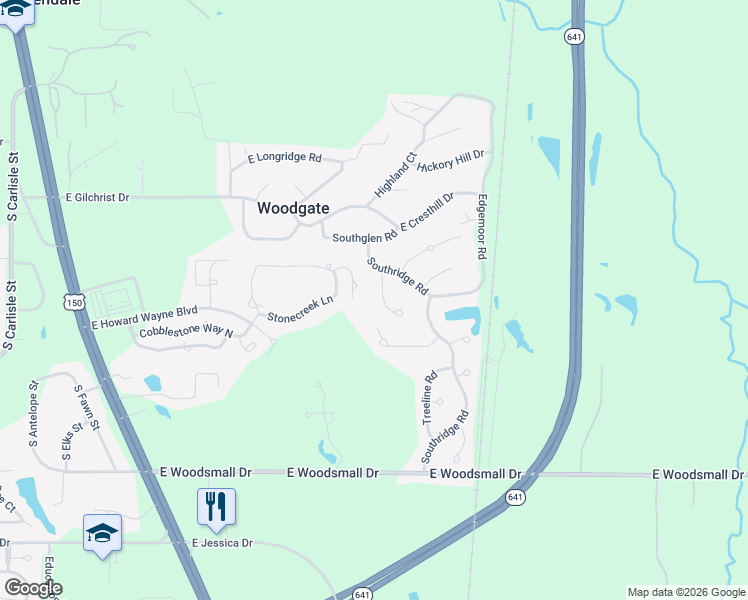 map of restaurants, bars, coffee shops, grocery stores, and more near 1-99 Ridgecrest Court in Terre Haute