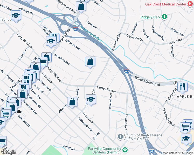 map of restaurants, bars, coffee shops, grocery stores, and more near 8812 Avondale Road in Parkville