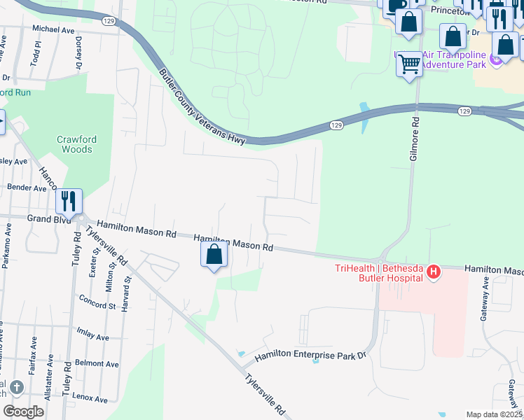 map of restaurants, bars, coffee shops, grocery stores, and more near 7249 Huntsman Way in Hamilton