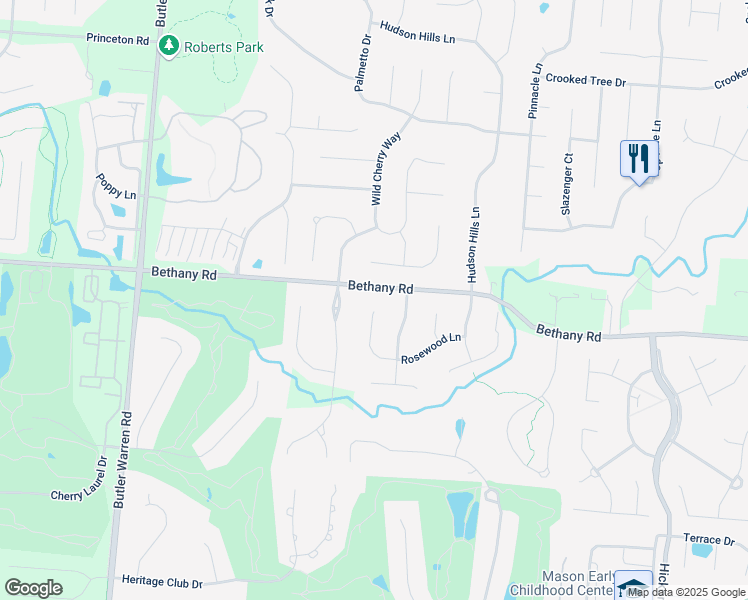 map of restaurants, bars, coffee shops, grocery stores, and more near 6576 Rosewood Lane in Mason