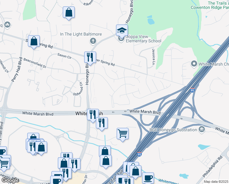 map of restaurants, bars, coffee shops, grocery stores, and more near 1 Lincoln Woods Way in Perry Hall