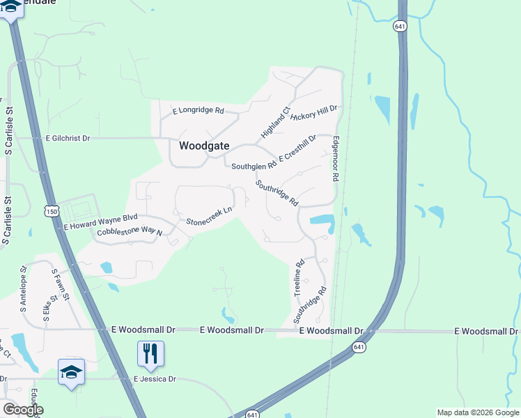 map of restaurants, bars, coffee shops, grocery stores, and more near 1-47 Southridge Road in Terre Haute