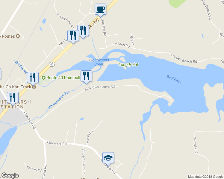 map of restaurants, bars, coffee shops, grocery stores, and more near 11103 Bird River Grove Road in White Marsh