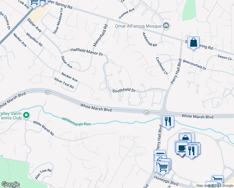 map of restaurants, bars, coffee shops, grocery stores, and more near 16 Laurel Path Court in Baltimore