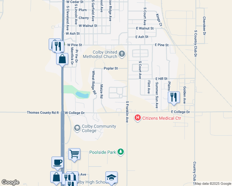 map of restaurants, bars, coffee shops, grocery stores, and more near East Hill Street in Colby