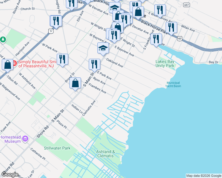 map of restaurants, bars, coffee shops, grocery stores, and more near 110 Ryon Avenue in Pleasantville