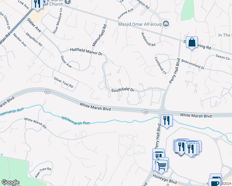 map of restaurants, bars, coffee shops, grocery stores, and more near 16 Laurel Path Court in Baltimore