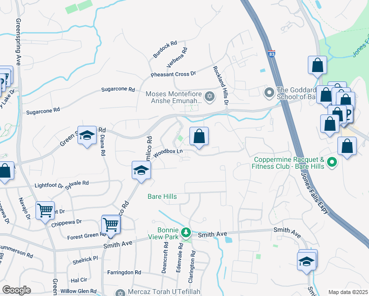 map of restaurants, bars, coffee shops, grocery stores, and more near 2211A Woodbox Lane in Baltimore