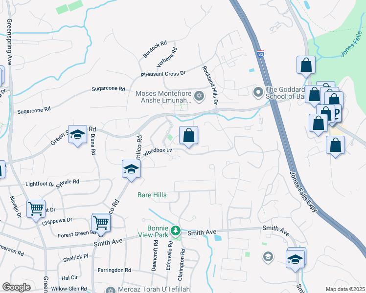 map of restaurants, bars, coffee shops, grocery stores, and more near 2201B Woodbox Lane in Baltimore