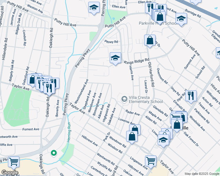 map of restaurants, bars, coffee shops, grocery stores, and more near 7922 Highpoint Road in Parkville