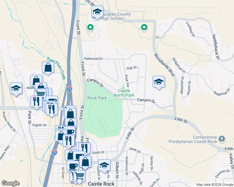 map of restaurants, bars, coffee shops, grocery stores, and more near 759 Canyon Drive in Castle Rock