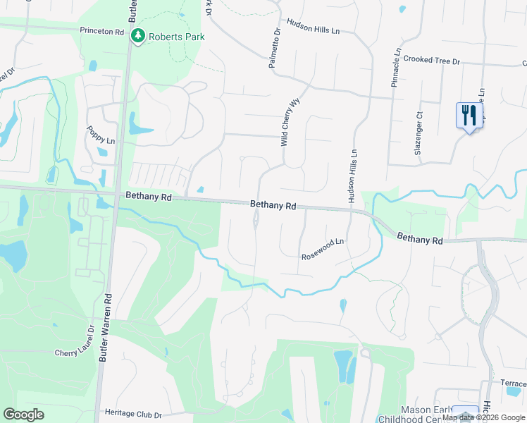 map of restaurants, bars, coffee shops, grocery stores, and more near 3974 Cherry Brook Lane in Mason