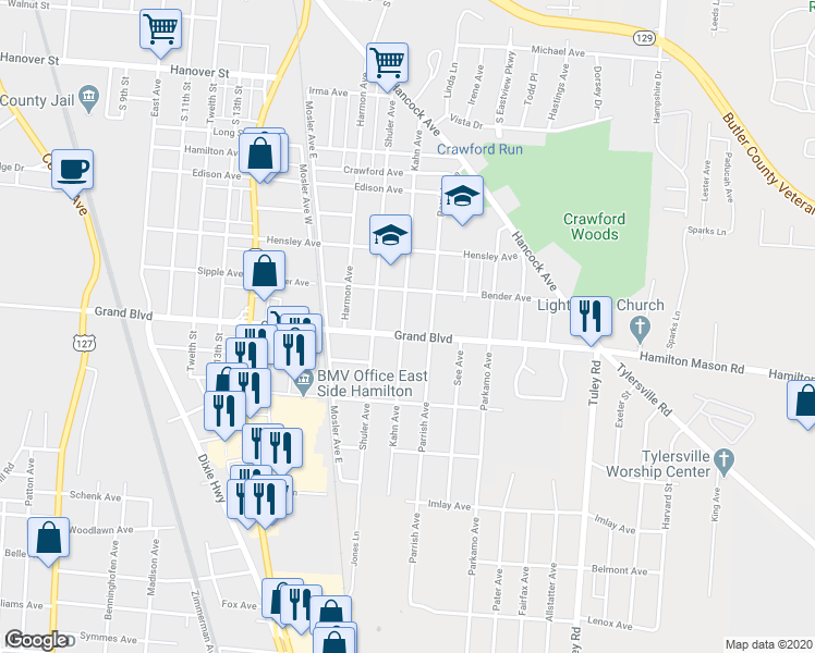 map of restaurants, bars, coffee shops, grocery stores, and more near 1900 Grand Boulevard in Hamilton
