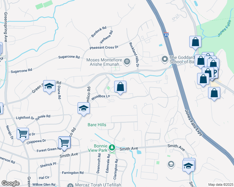 map of restaurants, bars, coffee shops, grocery stores, and more near 2201B Woodbox Lane in Baltimore