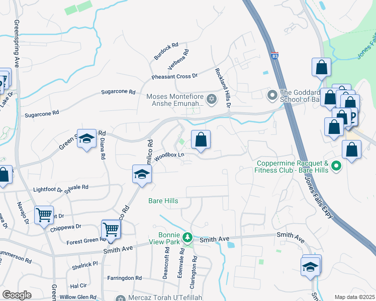 map of restaurants, bars, coffee shops, grocery stores, and more near 2211A Woodbox Lane in Baltimore