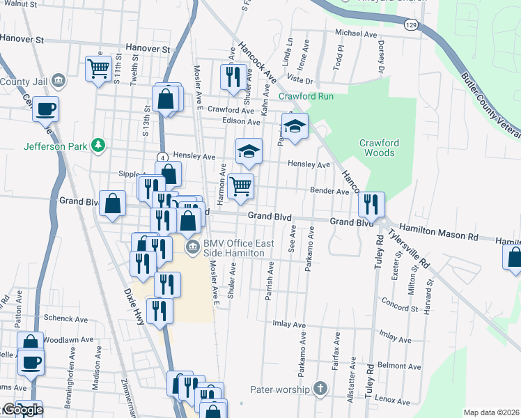 map of restaurants, bars, coffee shops, grocery stores, and more near 1330 Kahn Avenue in Hamilton