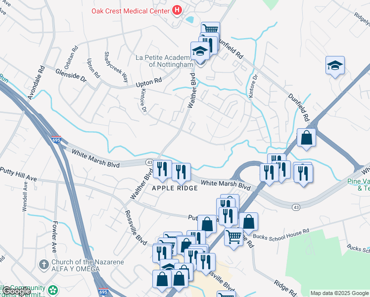 map of restaurants, bars, coffee shops, grocery stores, and more near 5 Thurmont Court in Nottingham