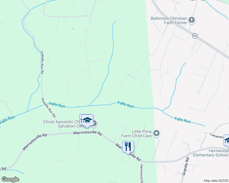 map of restaurants, bars, coffee shops, grocery stores, and more near 2994 Falls Run Road in Randallstown