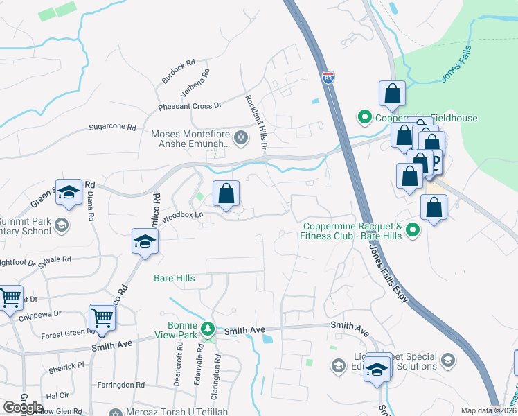 map of restaurants, bars, coffee shops, grocery stores, and more near 3 Friendswood Court in Baltimore