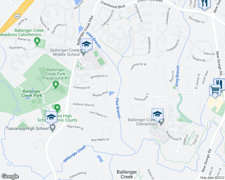 map of restaurants, bars, coffee shops, grocery stores, and more near 6806 Delafield Court in Frederick