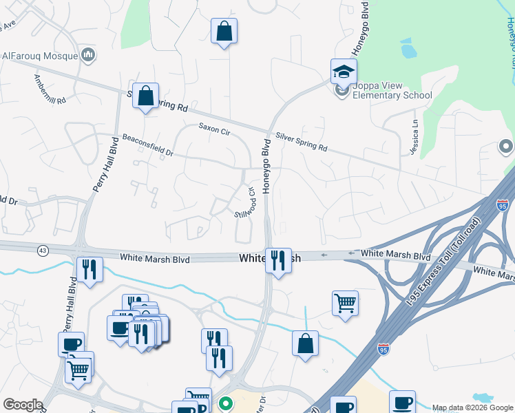 map of restaurants, bars, coffee shops, grocery stores, and more near 29 Stillwood Circle in White Marsh