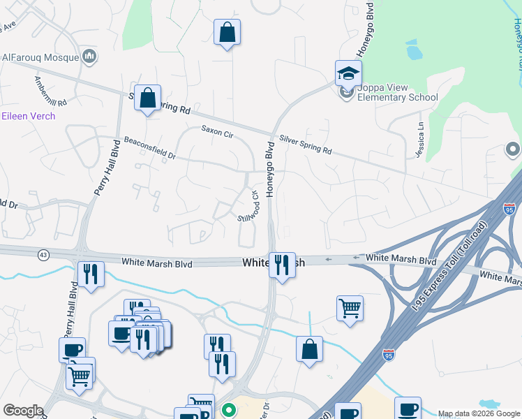 map of restaurants, bars, coffee shops, grocery stores, and more near 29 Stillwood Circle in White Marsh