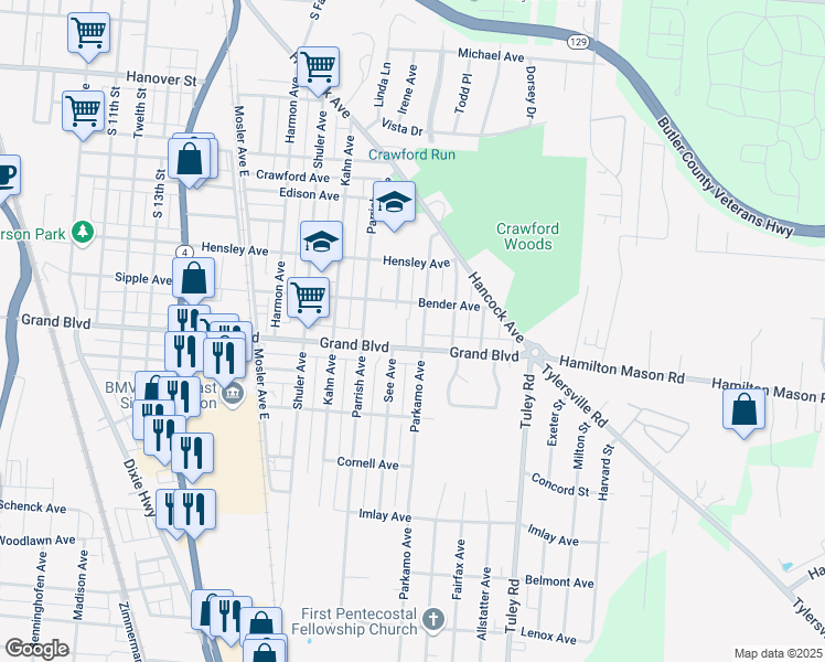 map of restaurants, bars, coffee shops, grocery stores, and more near 1345 Parkamo Avenue in Hamilton