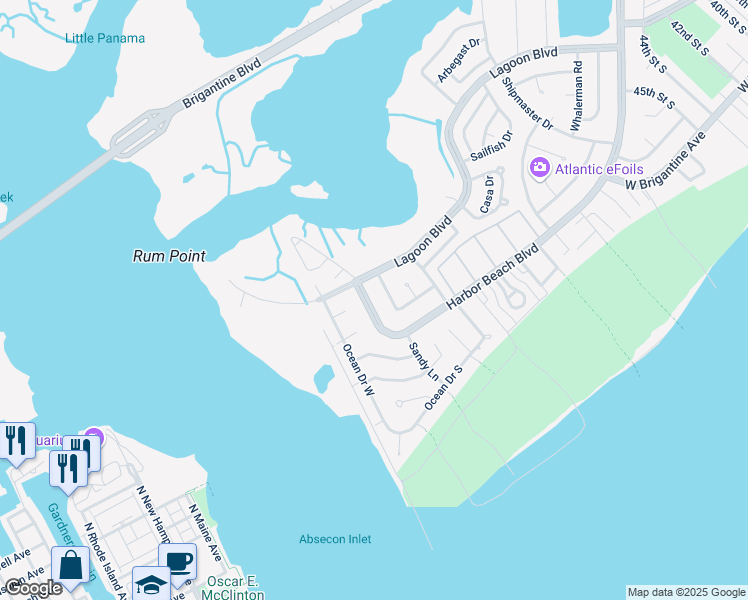 map of restaurants, bars, coffee shops, grocery stores, and more near 5a Ontario Drive in Brigantine