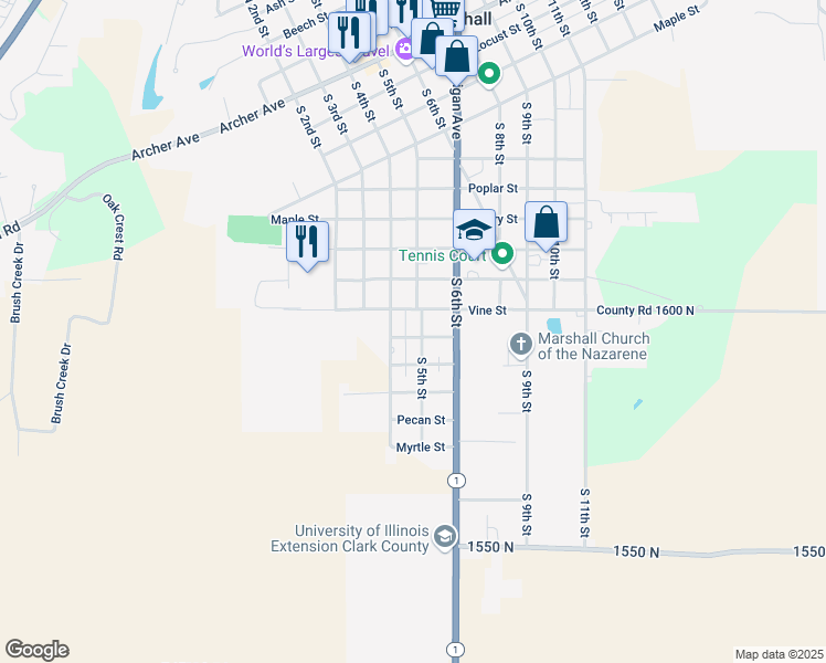 map of restaurants, bars, coffee shops, grocery stores, and more near 403 Vine Street in Marshall
