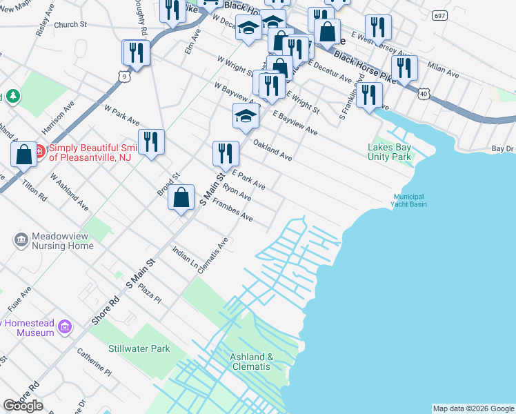 map of restaurants, bars, coffee shops, grocery stores, and more near 110 Ryon Avenue in Pleasantville