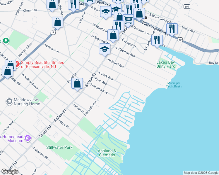 map of restaurants, bars, coffee shops, grocery stores, and more near 110 Ryon Avenue in Pleasantville