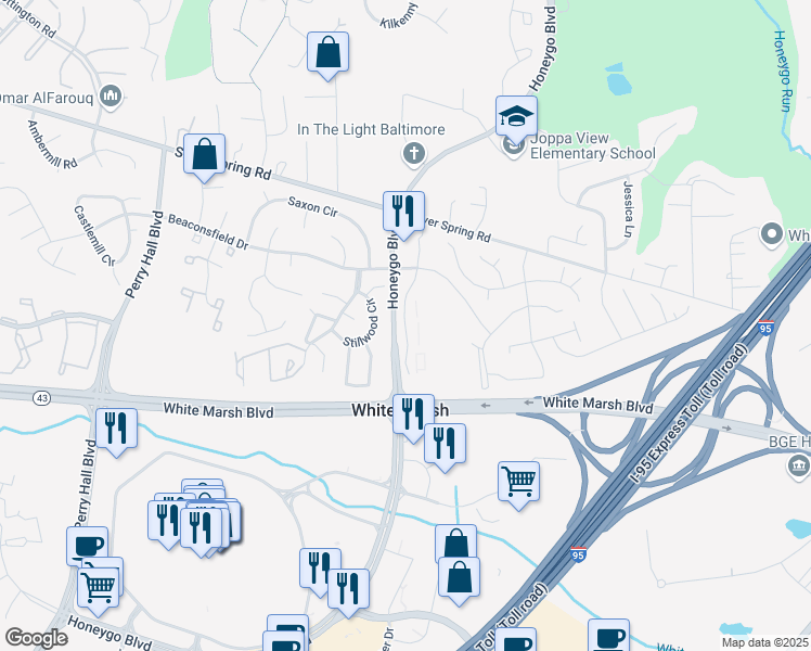 map of restaurants, bars, coffee shops, grocery stores, and more near 3 Lincoln Woods Way in Perry Hall