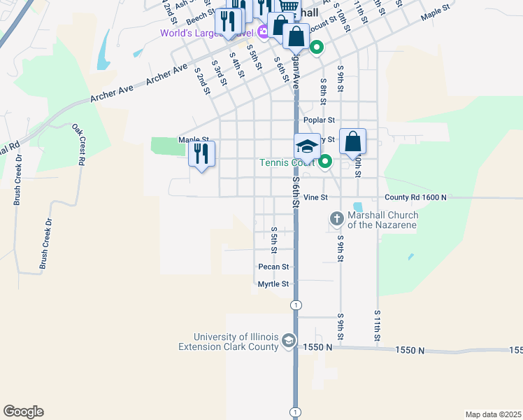 map of restaurants, bars, coffee shops, grocery stores, and more near 403 Vine Street in Marshall