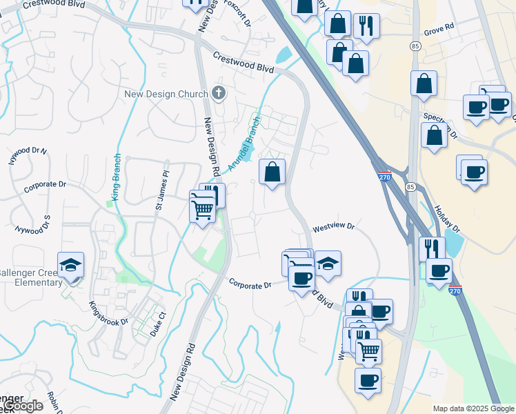 map of restaurants, bars, coffee shops, grocery stores, and more near 5503 Upper Mill Terrace North in Frederick