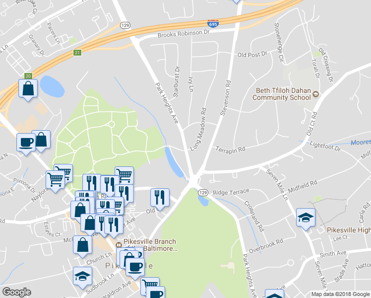 map of restaurants, bars, coffee shops, grocery stores, and more near 7900 Long Meadow Road in Pikesville