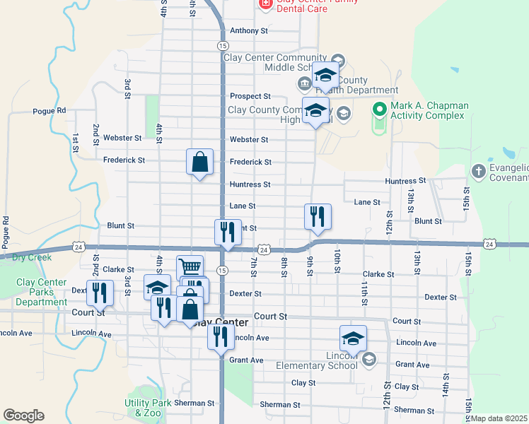 map of restaurants, bars, coffee shops, grocery stores, and more near 731 Lane Street in Clay Center