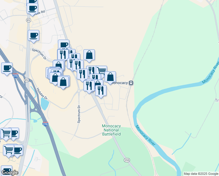 map of restaurants, bars, coffee shops, grocery stores, and more near 5437 Urbana Pike in Frederick