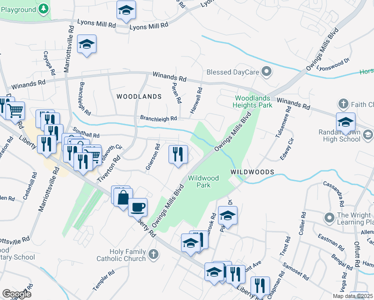 map of restaurants, bars, coffee shops, grocery stores, and more near 3848 Sandy Hook Road in Randallstown