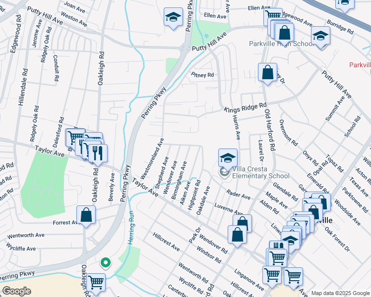map of restaurants, bars, coffee shops, grocery stores, and more near 8014 Highpoint Road in Parkville