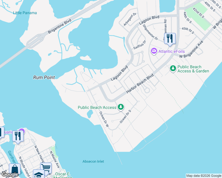map of restaurants, bars, coffee shops, grocery stores, and more near 5a Ontario Drive in Brigantine