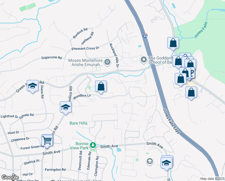 map of restaurants, bars, coffee shops, grocery stores, and more near 11A Friendswood Court in Baltimore