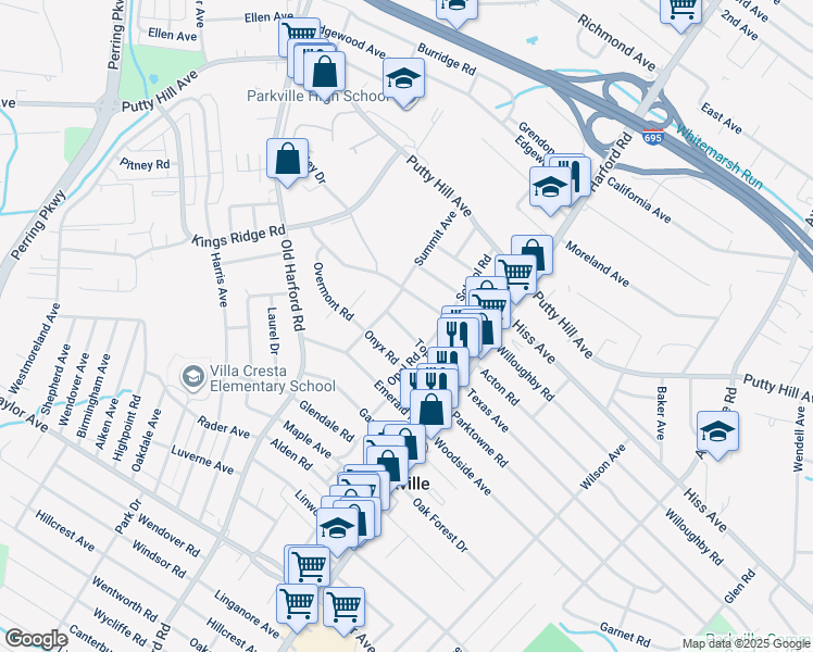 map of restaurants, bars, coffee shops, grocery stores, and more near 2810 Topaz Road in Parkville