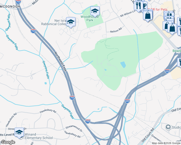 map of restaurants, bars, coffee shops, grocery stores, and more near 408 South Road in Pikesville