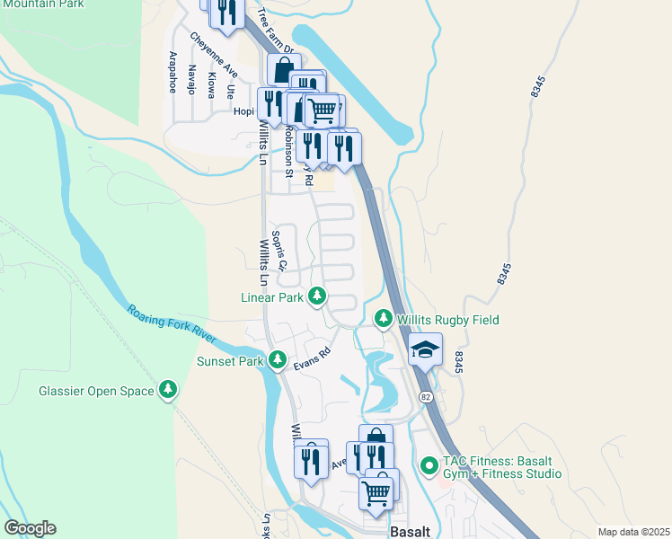 map of restaurants, bars, coffee shops, grocery stores, and more near 407 Meadow Court in Basalt