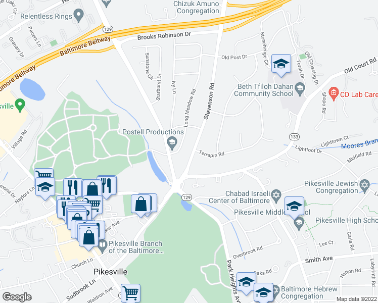 map of restaurants, bars, coffee shops, grocery stores, and more near 7914 Stevenson Road in Pikesville