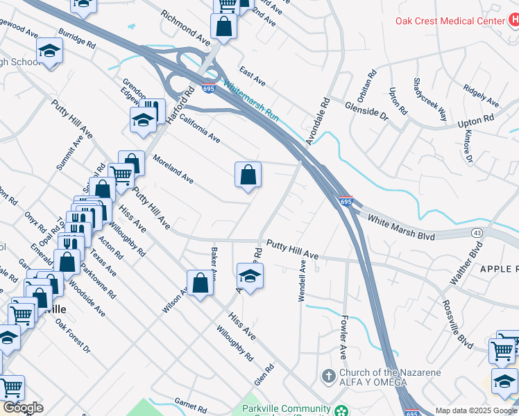 map of restaurants, bars, coffee shops, grocery stores, and more near 8821 Baker Avenue in Parkville
