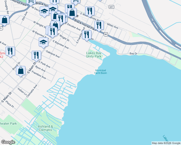 map of restaurants, bars, coffee shops, grocery stores, and more near 324-340 Oakland Avenue in Pleasantville
